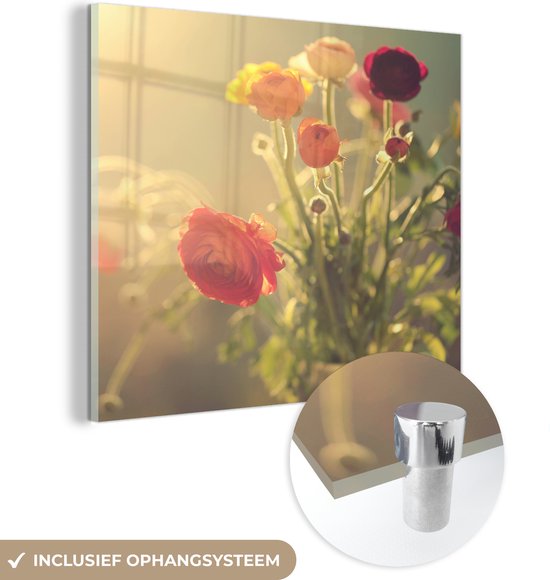MuchoWow® Glasschilderij 90x90 cm - Schilderij acrylglas - Boeket van kleurrijke boterbloemen - Foto op glas - Schilderijen