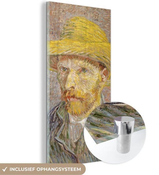 MuchoWow® Glasschilderij 40x80 cm - Schilderij acrylglas - Zelfportret met strohoed - Vincent van Gogh - Foto op glas - Schilderijen