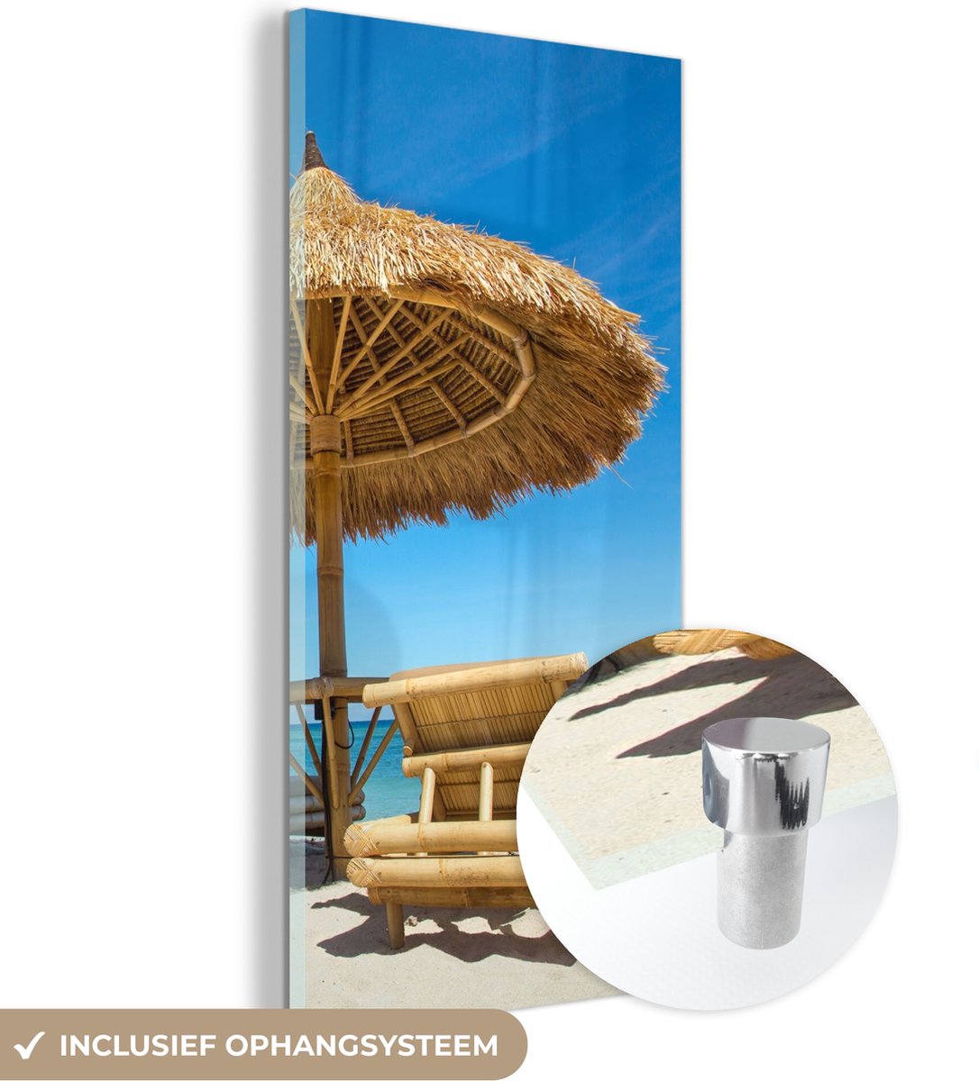 MuchoWow® Glasschilderij 20x40 cm - Schilderij acrylglas - Strandstoel - Strand - Parasol