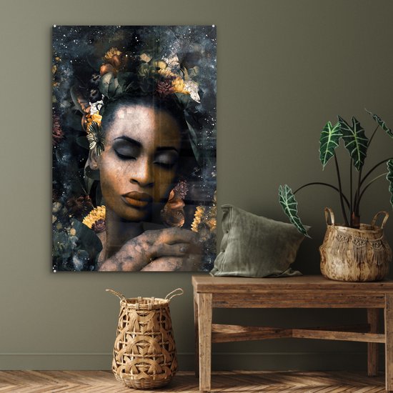Peintures sur verre - Fleurs - Femme - Or - 80x120 cm - Peintures Plexiglas
