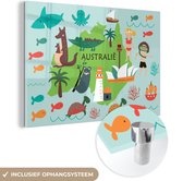 MuchoWow® Glasschilderij 150x100 cm - Schilderij acrylglas - Wereldkaart Kinderen - Australië - Dieren - Foto op glas - Schilderijen