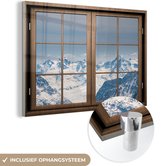MuchoWow® Glasschilderij 150x100 cm - Schilderij acrylglas - Doorkijk - Sneeuw - Berg - Foto op glas - Schilderijen