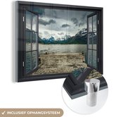 MuchoWow® Glasschilderij 30x20 cm - Schilderij acrylglas - Doorkijk - Berg - Meer - Foto op glas - Schilderijen