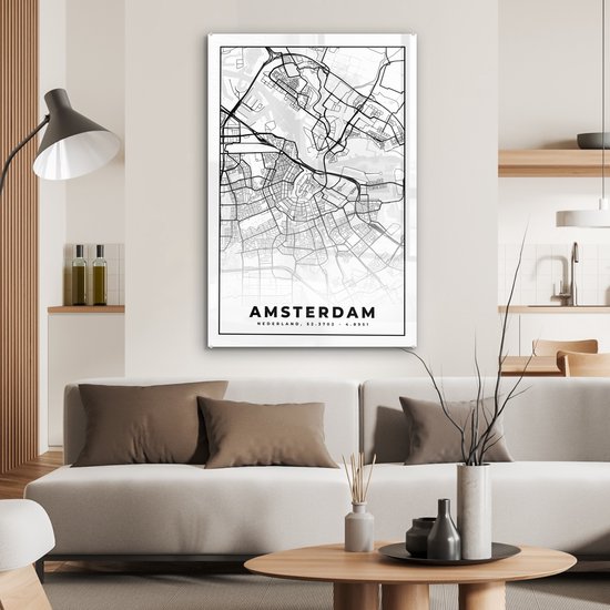 MuchoWow® Peinture sur Verre - Carte - Amsterdam - Zwart - Wit - 80x120 cm - Peintures sur Verre Peintures - Photo sur Glas