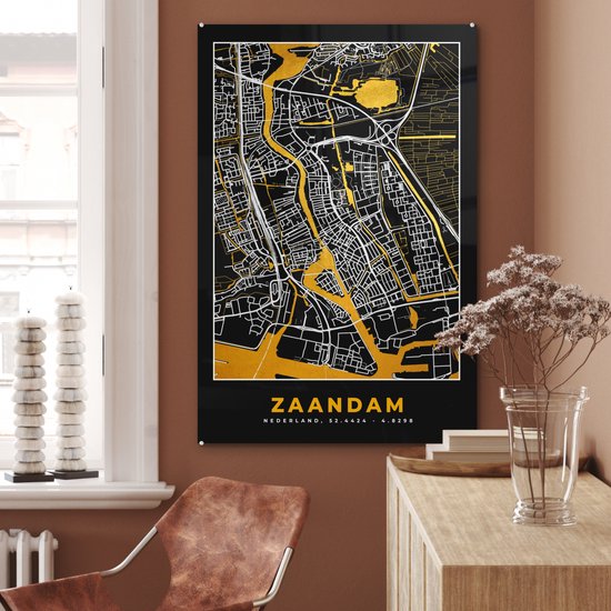 MuchoWow® Peinture sur verre 60x90 cm - Peinture acrylique sur verre - Plan - Zaandam - Or - Zwart - Photo sur verre - Peintures - Plan de ville