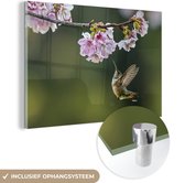 MuchoWow® Glasschilderij 90x60 cm - Schilderij acrylglas - Vogel - Bloesem - Kolibrie - Foto op glas - Schilderijen