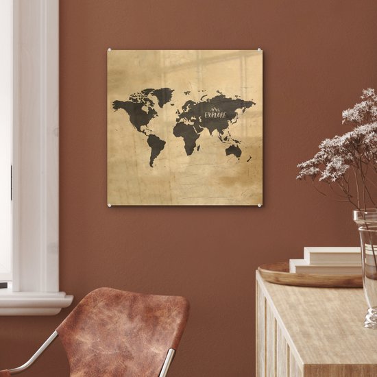 Peinture sur Verre - Carte du Wereldkaart - Vintage - Voyages - 50x50 cm - Peintures sur Verre Peintures - Photo sur Glas