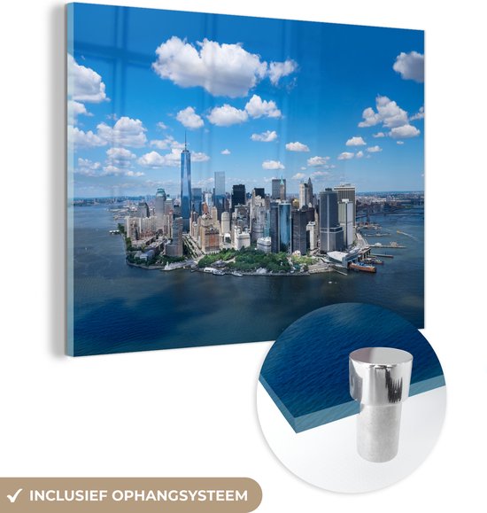 MuchoWow® Glasschilderij 120x90 cm - Schilderij acrylglas - New York - Manhattan - Skyline - Foto op glas - Schilderijen