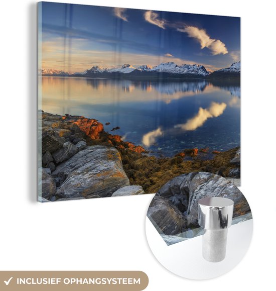 MuchoWow® Glasschilderij 160x120 cm - Schilderij acrylglas - Zonsondergang aan de kust van het fjord - Foto op glas - Schilderijen