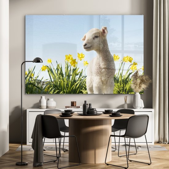 MuchoWow® Peinture sur verre 180x120 cm - Peinture acrylique sur verre - Moutons - Fleurs - Printemps - Photo sur verre - Peintures