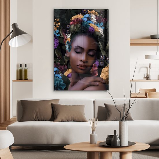 Peinture sur verre - Fleurs - Feuilles - Femmes - 60x90 cm - Peintures Plexiglas