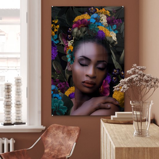 Peinture sur verre - Feuilles - Femme - Fleurs - 60x90 cm - Peintures Plexiglas