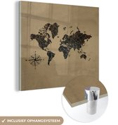 MuchoWow® Glasschilderij 50x50 cm - Schilderij acrylglas - Wereldkaart - Goud - Kompas - Foto op glas - Schilderijen