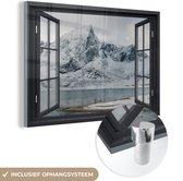 MuchoWow® Glasschilderij 60x40 cm - Schilderij acrylglas - Doorkijk - Winter - Berg - Foto op glas - Schilderijen