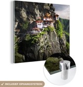 MuchoWow® Glasschilderij 50x50 cm - Schilderij acrylglas - Bhutan - Tempel - Berg - Foto op glas - Schilderijen