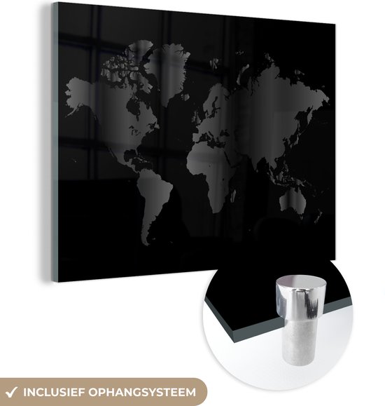 Peinture sur Verre - Carte du Wereldkaart - noir et blanc - 40x30 cm - Peintures sur Verre Peintures - Photo sur Glas