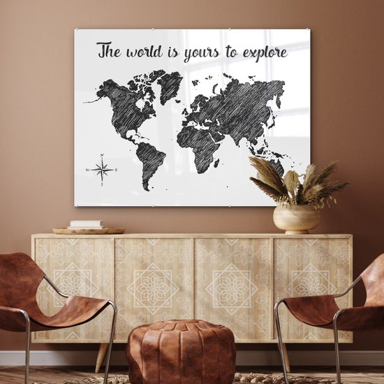 Peinture sur Verre - Carte du Wereldkaart - Voyages - Croquis - 120x90 cm - Peintures sur Verre Peintures - Photo sur Glas