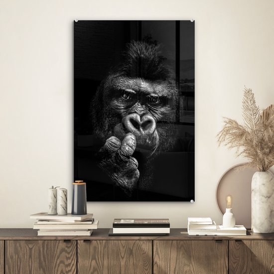 Peinture sur verre - Gros plan gorille sur fond noir - noir et blanc - 40x60 cm - Peintures sur Verre Peintures - Photo sur Glas