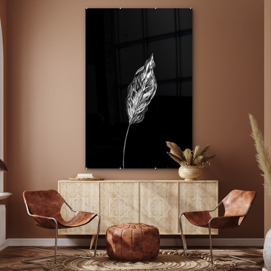 MuchoWow® Peinture sur Verre - Feuille fine sur fond noir - noir et blanc - 100x150 cm - Peintures sur Verre Acrylique - Photo sur Glas