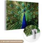 MuchoWow® Glasschilderij 90x60 cm - Schilderij acrylglas - Pauw - Veren - Ogen - Blauw - Foto op glas - Schilderijen