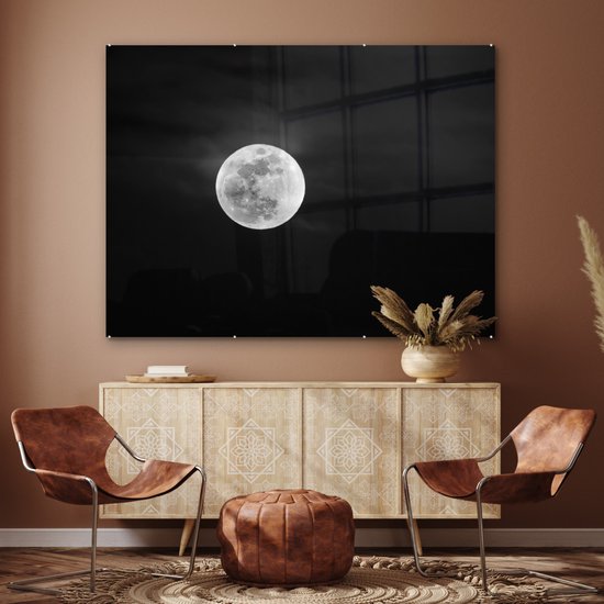 MuchoWow® Peinture sur verre 160x120 cm - Peinture sur verre acrylique - Pleine lune dans le ciel nocturne - noir et blanc - Photo sur verre - Peintures