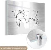 MuchoWow® Glasschilderij 90x60 cm - Schilderij acrylglas - Wereldkaart van druppels - zwart wit - Foto op glas - Schilderijen