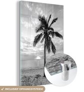 MuchoWow® Glasschilderij 60x90 cm - Schilderij acrylglas - Palmboom op het strand bij zonsondergang - zwart wit - Foto op glas - Schilderijen