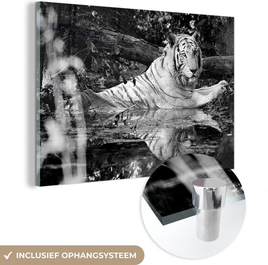 MuchoWow® Glasschilderij 120x80 cm - Schilderij acrylglas - Tijger in het water - zwart wit - Foto op glas - Schilderijen