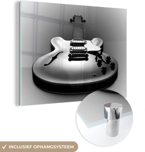 MuchoWow® Glasschilderij 80x60 cm - Schilderij acrylglas - Elektrische gitaar - zwart wit - Foto op glas - Schilderijen