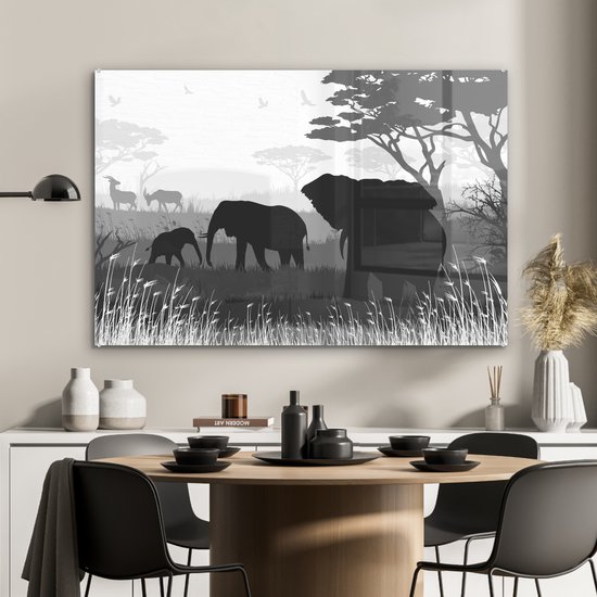 MuchoWow® Peinture sur Verre - Illustration d'Éléphants d'Afrique avec Antilopes - Noir et Blanc - 120x80 cm - Peintures sur Verre Acrylique - Photo sur Glas