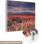 MuchoWow® Glasschilderij 90x90 cm - Schilderij acrylglas - Frankrijk - Lavendel - Avond - Foto op glas - Schilderijen