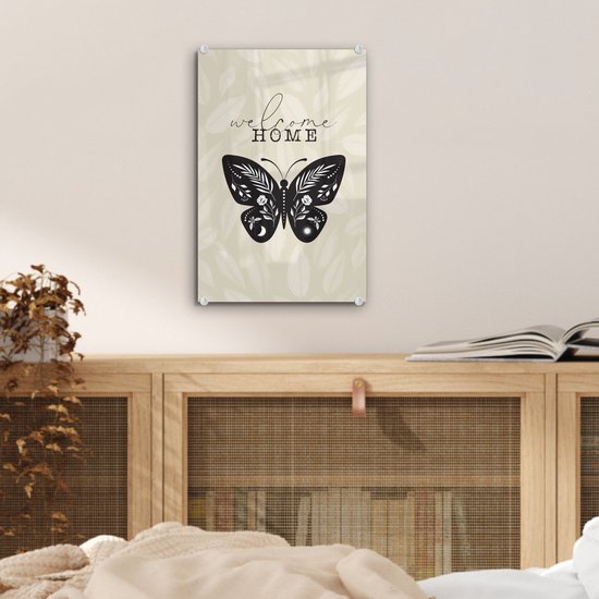 Peinture sur verre - Bienvenue à la maison - Papillon - Zwart - 20x30 cm - Peintures Plexiglas