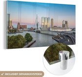 MuchoWow® Glasschilderij 80x40 cm - Schilderij acrylglas - Rotterdam - Water - Brug - Foto op glas - Schilderijen