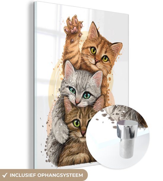 MuchoWow - Peinture sur verre - Photo sur verre - Verre acrylique - Chatons - Chats - Animaux - Dessin - Décoration murale - 90x120 cm - Décoration murale verre - Peinture sur verre animaux - Chambre