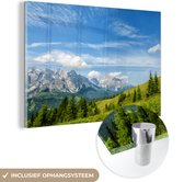 MuchoWow® Glasschilderij 60x40 cm - Schilderij acrylglas - Alpen - Bergen - Gras - Foto op glas - Schilderijen