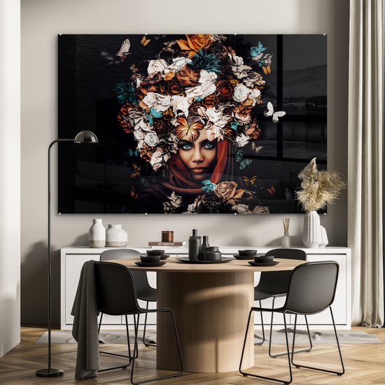 MuchoWow® Peinture sur Verre - Fleurs - Papillon - Femmes - Foulard - 180x120 cm - Peintures sur Verre Acrylique - Photo sur Glas