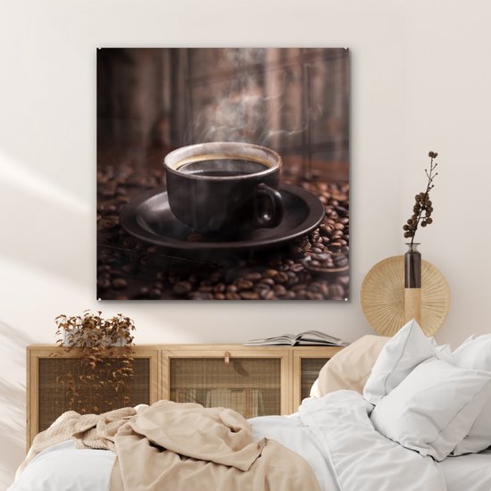 MuchoWow® Peinture sur verre 90x90 cm - Peinture sur verre - Café - Chaud - Grains de café - Photo sur verre acrylique - Peintures