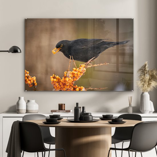 Peinture sur verre - Photo sur verre - Vogel - Merle - Hiver - Glace - Baie - Verre acrylique - 90x60 cm - Peinture sur verre oiseaux - Décoration murale - Peinture sur verre nature - Décoration murale - Salon