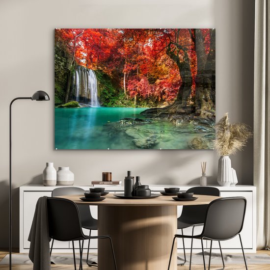 Peinture sur verre - Décoration murale - Cascade - Érable du Japon - Water - Peinture sur verre nature - Photo sur verre - Peinture sur Verres - 120x90 cm - Verre acrylique - Décoration murale