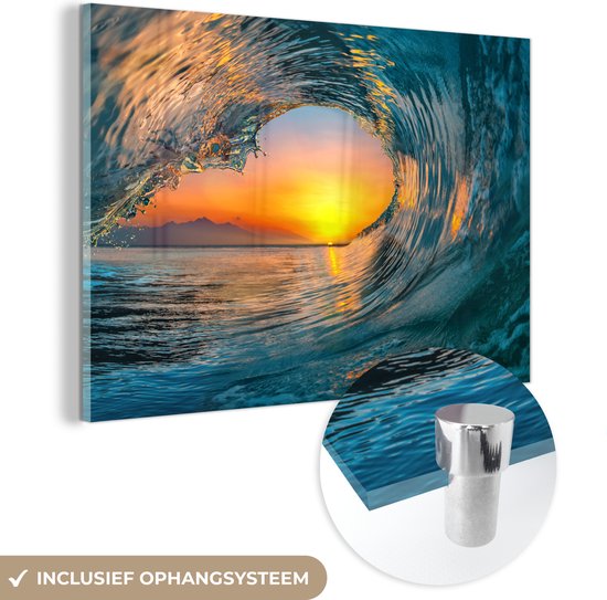 Glasschilderij - Foto op glas - Zee - Golf - Horizon - Zon - Wanddecoratie zee - Acrylplaat - Glazen schilderij - Acrylglas - 120x80 cm - Schilderijen woonkamer