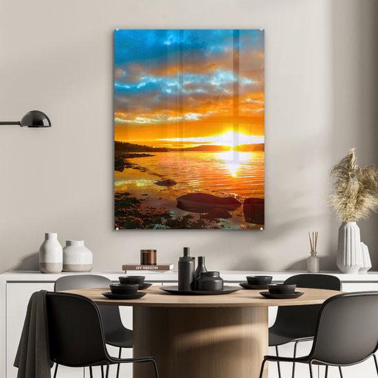Peinture sur verre - Peinture sur verre - Coucher de soleil - Arbres - Mer - Photo sur verre - Décoration de chambre - Décoration murale nature - Verre acrylique - 60x80 cm - Peintures de salon