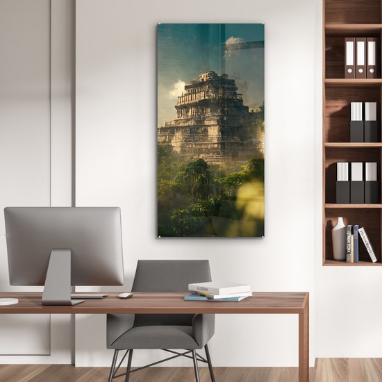 MuchoWow - Peinture sur verre - Photo sur verre - Jungle - Temple - Ciel - Nuages ​​- Vert - Peinture sur verre - Verre acrylique - Décoration de chambre - 60x120 cm - Décoration murale murale - Peintures de salon