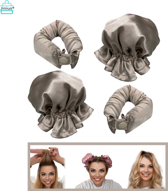 Set van twee satijnen haarkrullers en twee bijpassende kapjes in de kleur grijs.