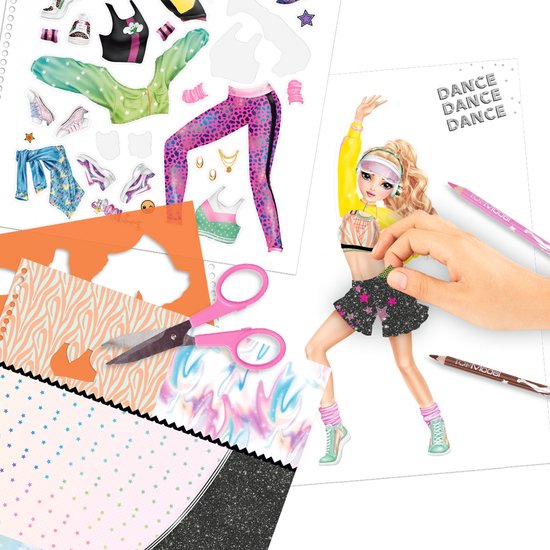 TOPModel Dance: illustratie van een danseres in gele sportjas en zwart rokje, omringd door kledingstickers, patronen, schaar en sjablonen.