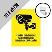 Pictogram/ bord alu di-bond | "Camera surveillance/ Camerabewaking/ Surveillance par caméra" | 19 x 25 cm | CCTV | Beveiliging | Camerabewaking | Videobewaking | Diefstal verhinderen | Preventie | Opvallend | Geel | 3 mm | 3 talen | 1 stuk