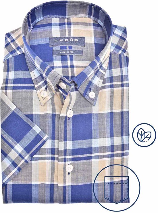 Ledub modern fit overhemd - korte mouw - donkerblauw met beige en wit geruit - Strijkvriendelijk - Boordmaat: 46