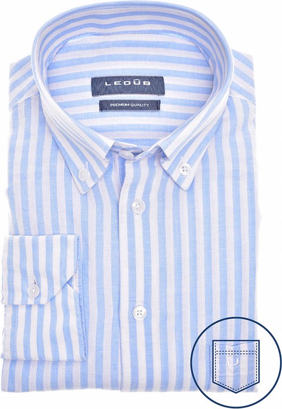 Ledub modern fit overhemd - lichtblauw met wit gestreept - Strijkvriendelijk - Boordmaat: 42