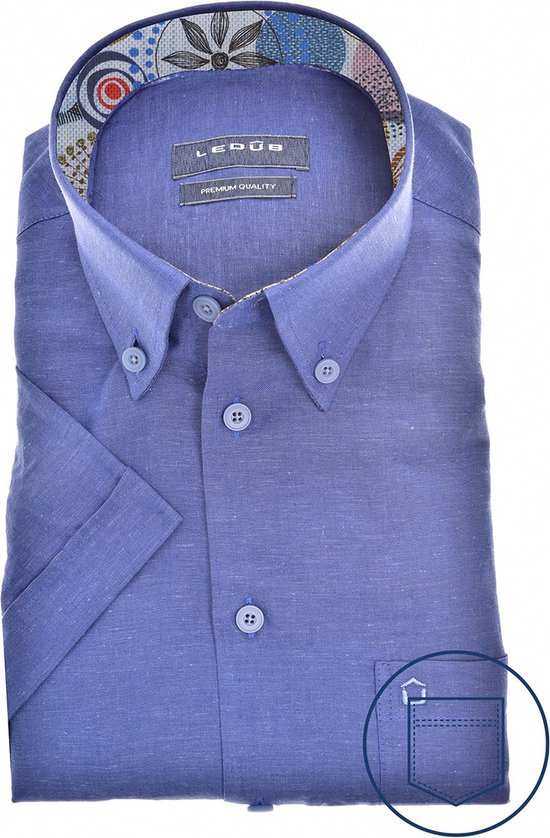 Ledub modern fit overhemd - korte mouw - middenblauw - Strijkvriendelijk - Boordmaat: 42