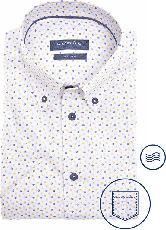 Ledub modern fit overhemd - korte mouw - wit met lichtgeel en blauw dessin - Strijkvriendelijk - Boordmaat: 46
