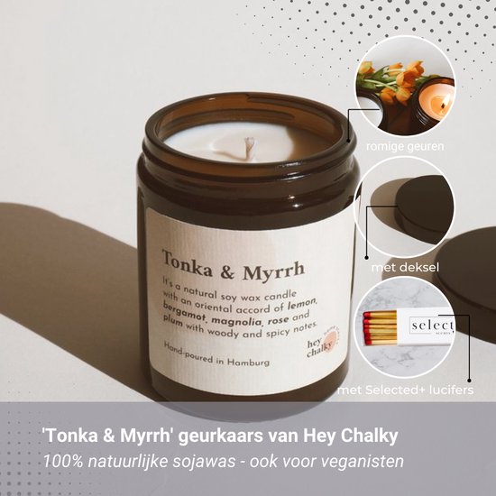 Geurkaars 'Tonka & Myrrh - Vegan en natuurlijke geurkaars - geurkaars in glas - merk Hey Chalky - met Selected+ lucifers
